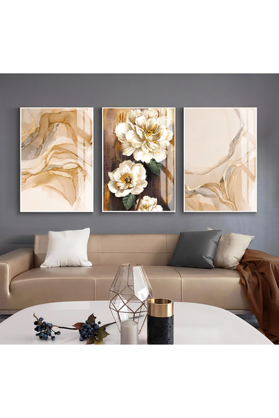 Harikabirev Hari̇kabi̇rev | Soft Gold Abstract Pattern Flower Model | Framed Glass Table 3-Piece Vertical