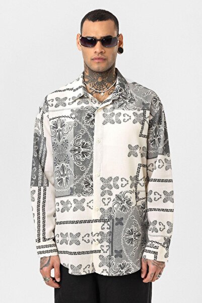 VAMOSCLO Ethnic Patterned Oversize Shirt Black