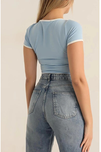 hazelin Bluză pentru femei, albastru gheață, alb, cu mâneci scurte, din lycra, SendyCrop HZL24S-SND190901