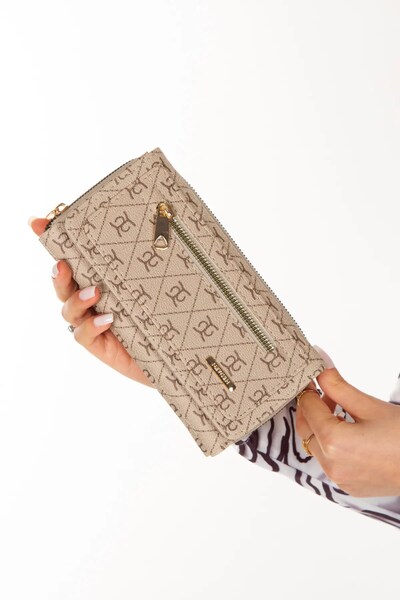 Eliza Kadın Deri Desenli Telefon Kağıt Para Bölmeli Kartlık ve Cüzdan - Bej