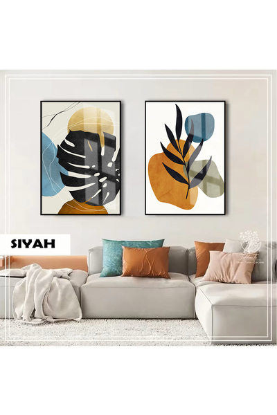 Harikabirev Hari̇kabi̇rev | Blue-Brown Tone Bohemian Herbal Combination | Framed Glass Table 2-Piece Vertical
