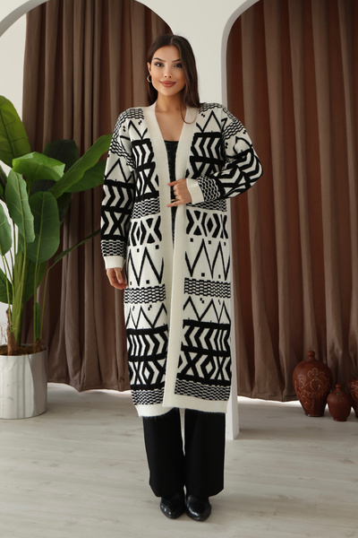 ALCHON V-Neck Off-The-Shoulder Long-Sleeved Geometric-Shaped Jacquard Midi Below-The-Knee Length Thick Winter Knitwear Cardigan