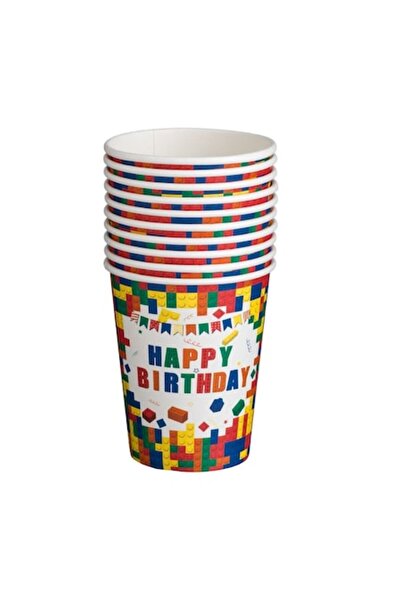 SHOPIENS Set 10 pahare albe din carton, 240 ml, cu design colorat cu cărămizi...