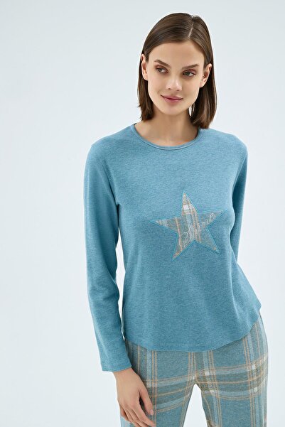 Sevim Women's Long Sleeve Star Pattern Blue Top Plaid Bottom Pajama Set C1T9N961