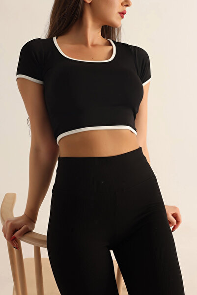 hazelin Women's Black and White Piping Short Sleeve Lycra Sendycrop Blouse Hzl24S-Snd190901