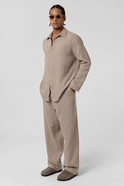 VAMOSCLO Oversize Long Sleeve Muslin Fabric Shirt Mink