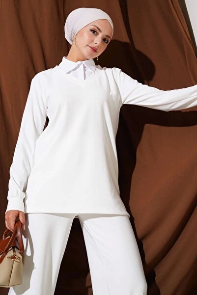 Vona Nova Shirt collar ribbed loose double set white t4300