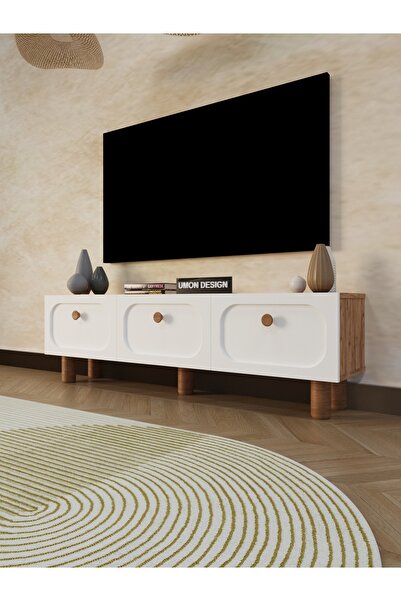 umondesign Boho TV Ünitesi 150 cm – Üç Kapaklı, MDF Kapaklı, Raflı ve Ayaklı ...