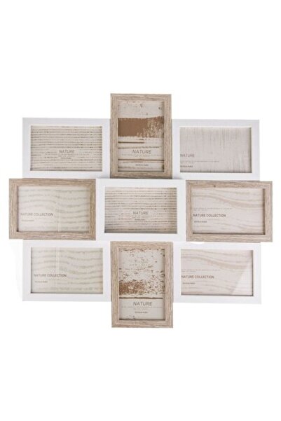 SHOPIENS Nature Collection Multi Photo Frame 9 Pictures Natural White Wood 51x46x3cm Wall Photo Holder