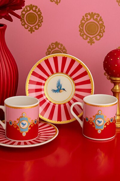 umut züccaciye Red Porcelain Coffee Cup Set for 2 People, 4 Pieces