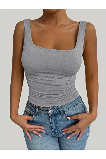 Sello Store Kadın Likralı Kare Yaka Atlet Bluz-Yandan Büzgülü- Gri