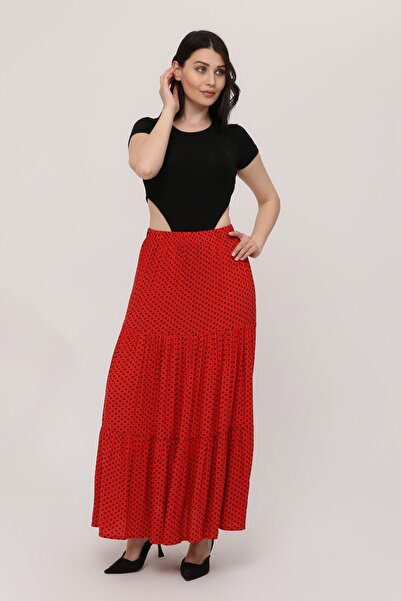 MAKSEN TEKSTİL Polka Dots Long Skirt - Viscose Fabric Comfortable Fit Elastic Waist Three Layers of Ruffles Gypsy Style