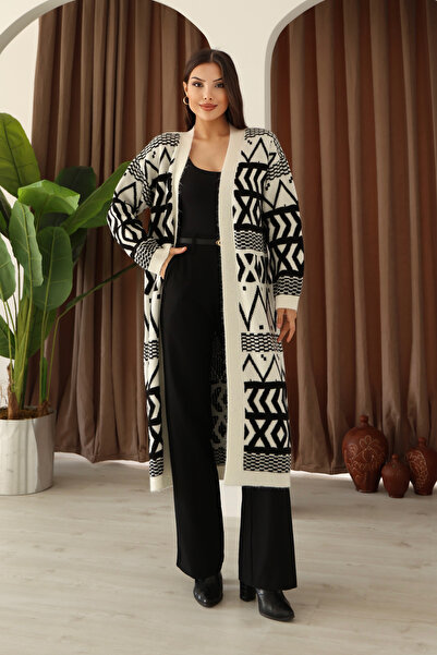 ALCHON V-Neck Off-The-Shoulder Long-Sleeved Geometric-Shaped Jacquard Midi Below-The-Knee Length Thick Winter Knitwear Cardigan