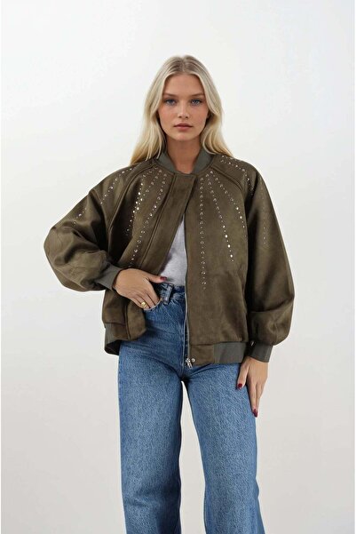 FABB سترة بومبر كاكي من جلد النوبوك