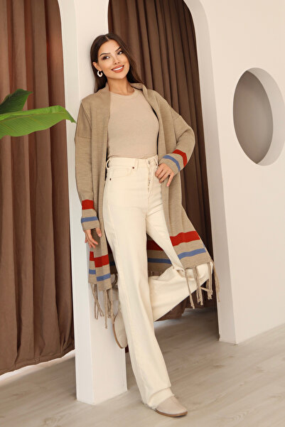 ALCHON U-Neck Long Sleeve Striped Stripe Interlace Pattern Skirt Tassel Shawl Look Seasonal Knitwear Cardigan