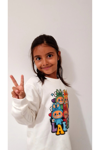 ALZEY GİYİM Kız Çocuk Labubu Sweatshirt - Beyaz 3 iplik Şardonsuz pamuklu
