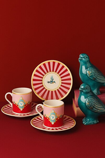 umut züccaciye Red Porcelain Coffee Cup Set for 2 People, 4 Pieces