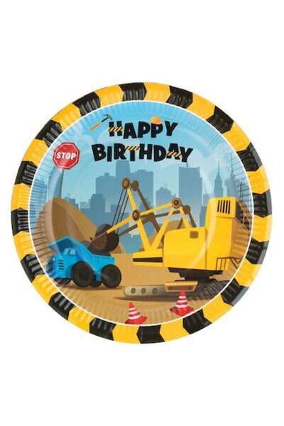SHOPIENS Set 10 Bucati Farfurii Carton 23cm Bleu Galbene Cu Model Vehicule De Santier Si Imprimeu Happy Birth