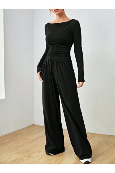 BERYY MODA Μαύρο γυναικείο φαρδύ αθλητικό ρούχο μεγάλου μεγέθους, με χαλαρή ε...