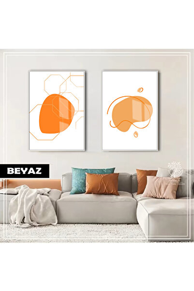 Harikabirev Hari̇kabi̇rev | Orange Color Abstract Bohemian Combination | Framed Glass Table 2-Piece Vertical
