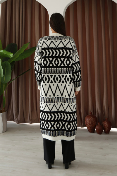 ALCHON V-Neck Off-The-Shoulder Long-Sleeved Geometric-Shaped Jacquard Midi Below-The-Knee Length Thick Winter Knitwear Cardigan