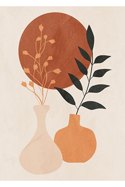 Harikabirev HARİKABİREV|KAHVE-TURUNCU BOHEM VAZOLU YAPRAK KOMBİNİ|ÇERÇEVELİ CAM TABLO 2Lİ DİKEY