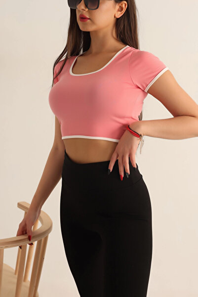 hazelin Women's Pink White Piping Short Sleeve Lycra Sendycrop Blouse Hzl24S-Snd190901