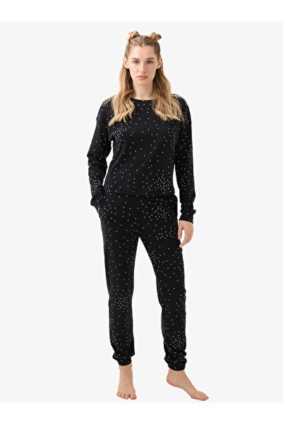 Blackspade Women's Black Heart Patterned Pajama Set – Round Neck & Elasticated Legs C5T4N915