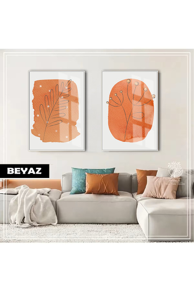 Harikabirev Hari̇kabi̇rev | Orange Color Bohem Plant Combination 01 | Framed Glass Table 2-Piece Vertical