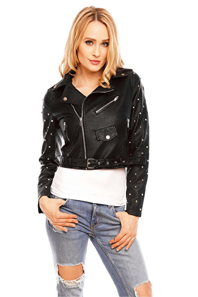 WildFashion Μπουφάν από τεχνητό δέρμα με αξεσουάρ και βότσαλα στα μανίκια U603-1