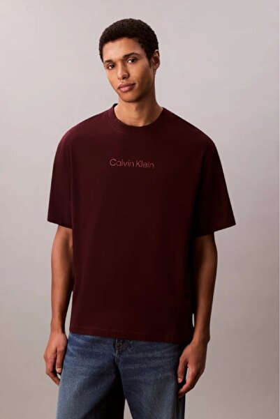 Calvin Klein Erkek Regular Fit Logolu Pamuklu T-Shirt - Bordo