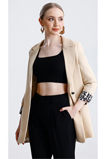 solena sln Kadın Şal Yaka Leopar Astarlı Tek Düğmeli Blazer Ceket