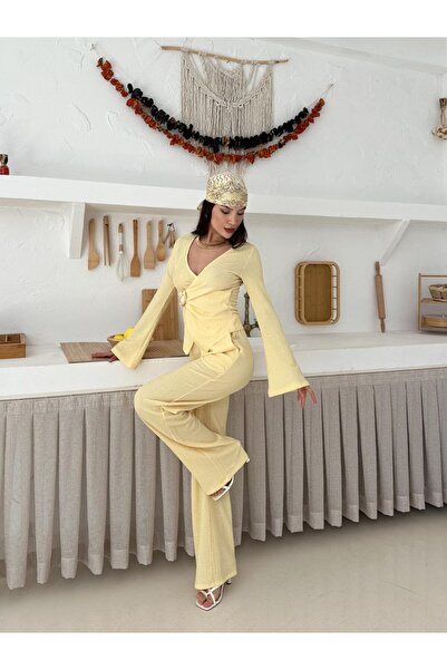mielva Women's Yellow Buckle Double Breasted Top and Wide Leg Pants Set