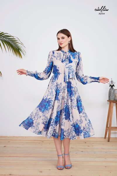 Stylish White floral midi dress with high neck tie