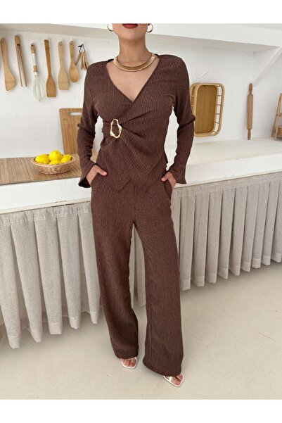 mielva Women's Brown Buckle Double Breasted Top and Wide Leg Pants Set