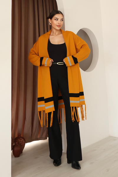 ALCHON U-Neck Long Sleeve Striped Stripe Interlace Pattern Skirt Tassel Shawl Look Seasonal Knitwear Cardigan