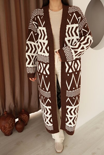 ALCHON V-Neck Off-The-Shoulder Long-Sleeved Geometric-Shaped Jacquard Midi Below-The-Knee Length Thick Winter Knitwear Cardigan