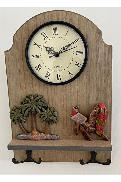 OEM Rustik Ahşap Duvar Saati / Dekoratif Anahtarlık Askılığı ve Mini Raf