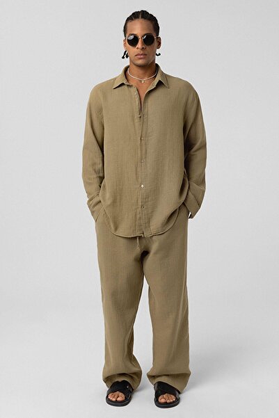 VAMOSCLO Oversize Long Sleeve Muslin Fabric Shirt Khaki