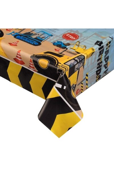 SHOPIENS Fata De Masa Plastic 180x120cm Bleu Galbena Cu Model Vehicule De Santier Si Imprimeu Happy Birthday