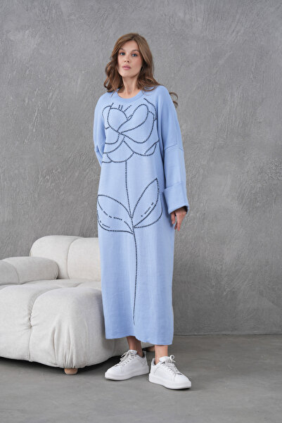 Miss Allos Rochie lungă din tricot pentru femei, cu broderie în față