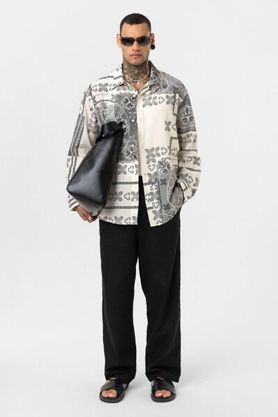 VAMOSCLO Ethnic Patterned Oversize Shirt Black