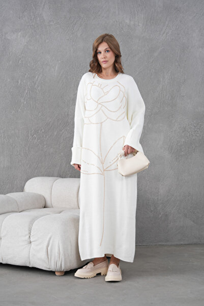 Miss Allos Women's Front Beaded Wide Fit Long Knitwear Dress