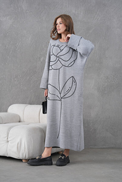 Miss Allos Women's Front Beaded Wide Fit Long Knitwear Dress