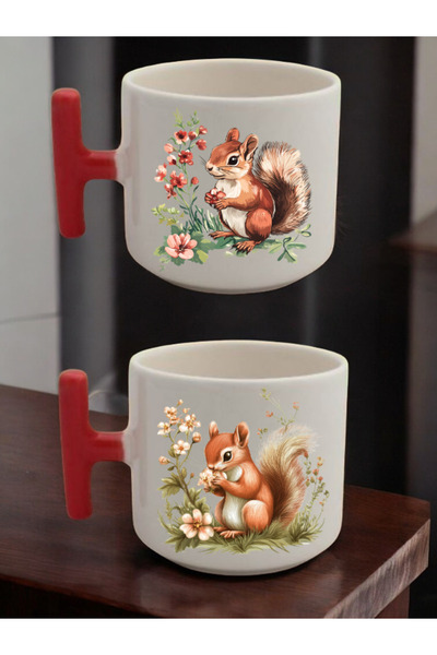 lili hediyelik Flowers Squirrel Printed 2-Piece Latte Cup Ceramic Mug - Ceramic Tea, Coffee Gift Cup