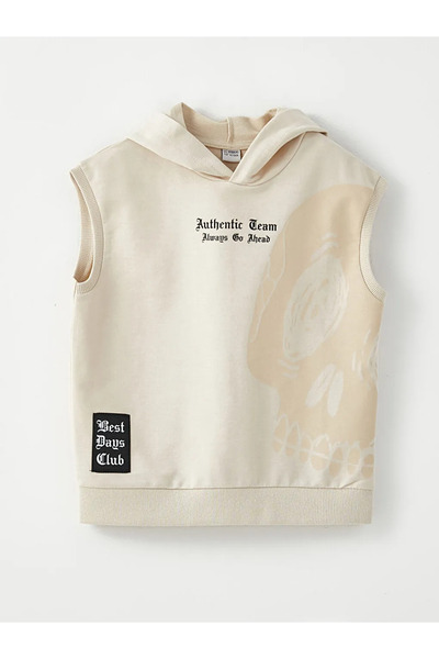 LC Waikiki Lcw Kids Ecru Hooded Printed Sleeveless Boys' Sweatshirt