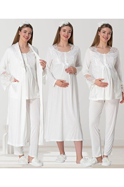 By Mecit Pijama Maternity Dressing Pajamas Nightgown 4-Piece Set 75% Cotton, 25% Viscose Hair Band is a Gift