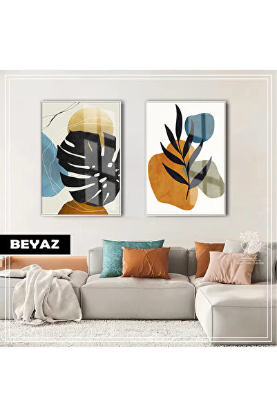Harikabirev Hari̇kabi̇rev | Blue-Brown Tone Bohemian Herbal Combination | Framed Glass Table 2-Piece Vertical