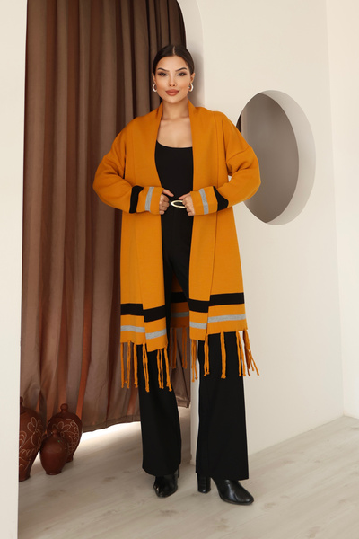 ALCHON U-Neck Long Sleeve Striped Stripe Interlace Pattern Skirt Tassel Shawl Look Seasonal Knitwear Cardigan