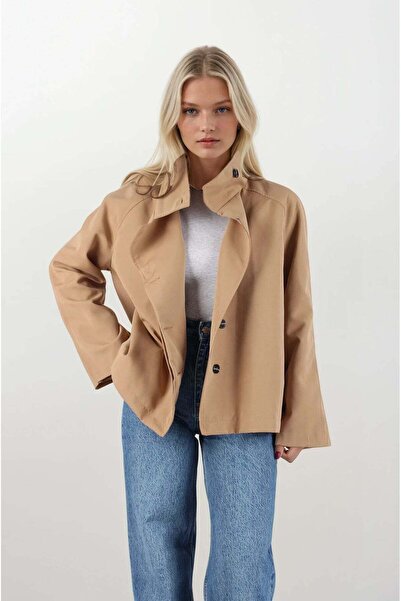 FABB Camel Dik Yaka Kısa Trençkot